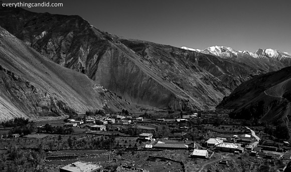 Small village on the bank of River Spiti. Sky line of Spiti Valley comes alive with usch small villages.