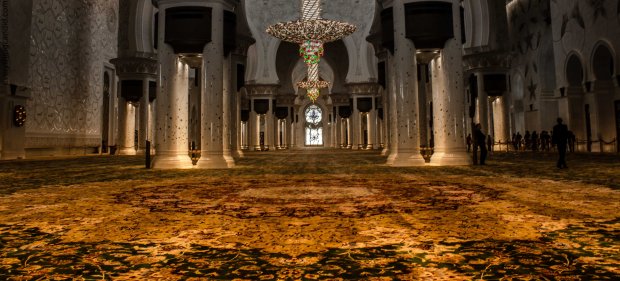 The world's largest carpet, handmade, which is 5627 square meters came from iran and is installed at the main prayer hall.